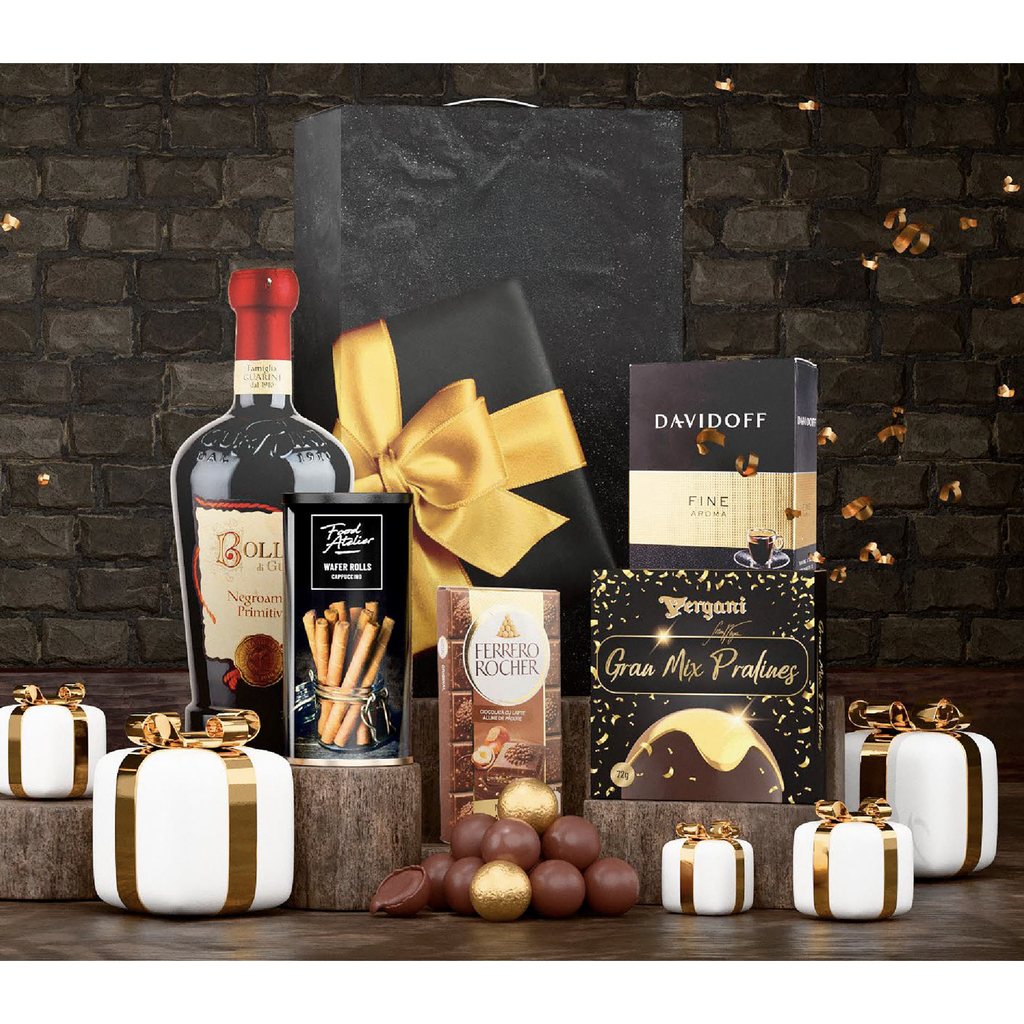 Cos cadou Vin rosu Praline Cafea si Ciocolata