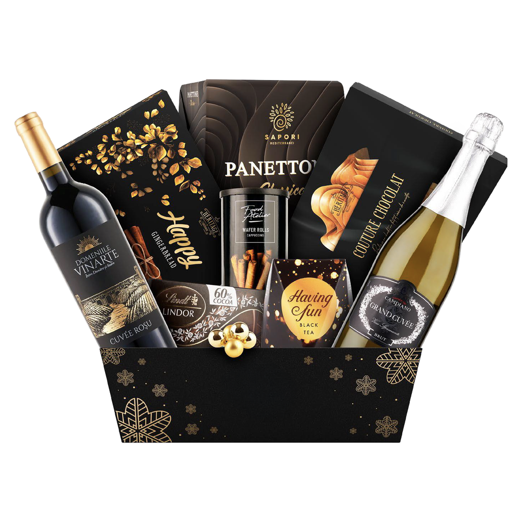 Cos cadou Vin Cuvee rosu Panettone Spumant Brut si Ciocolata