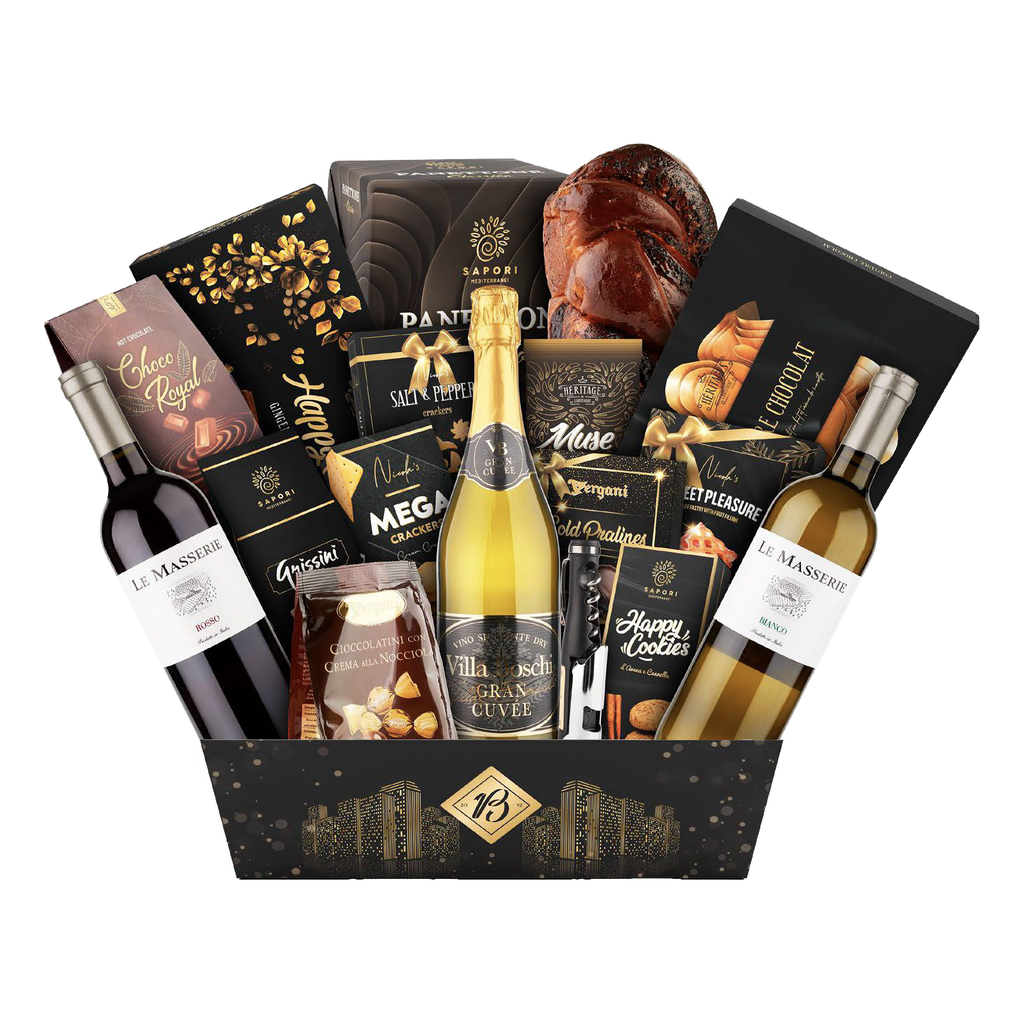 Cos cadou Spumant Vin rosu si alb Praline Panettone si Dulciuri