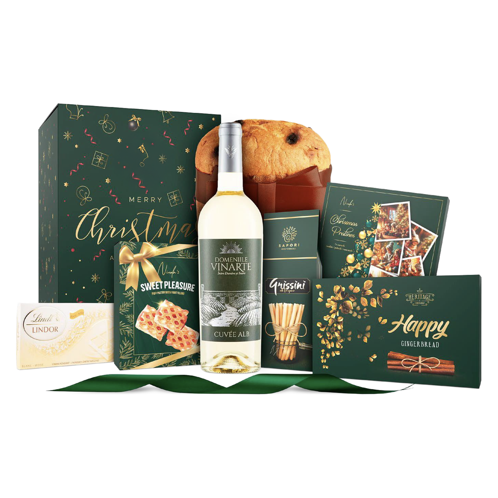 Cos cadou Vin alb Panettone Grisine si Desert