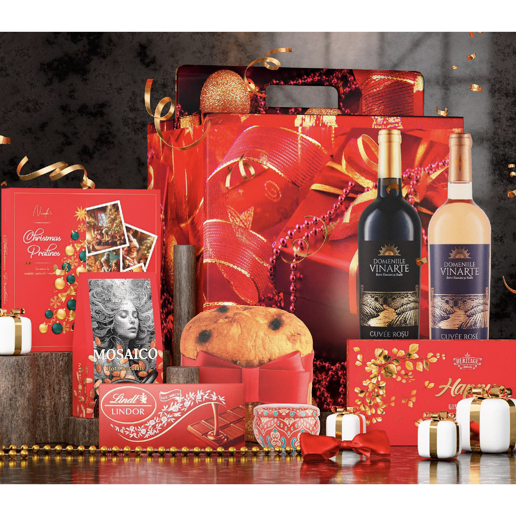 Cos cadou Vin rosu Vin alb Panettone Ciocolata