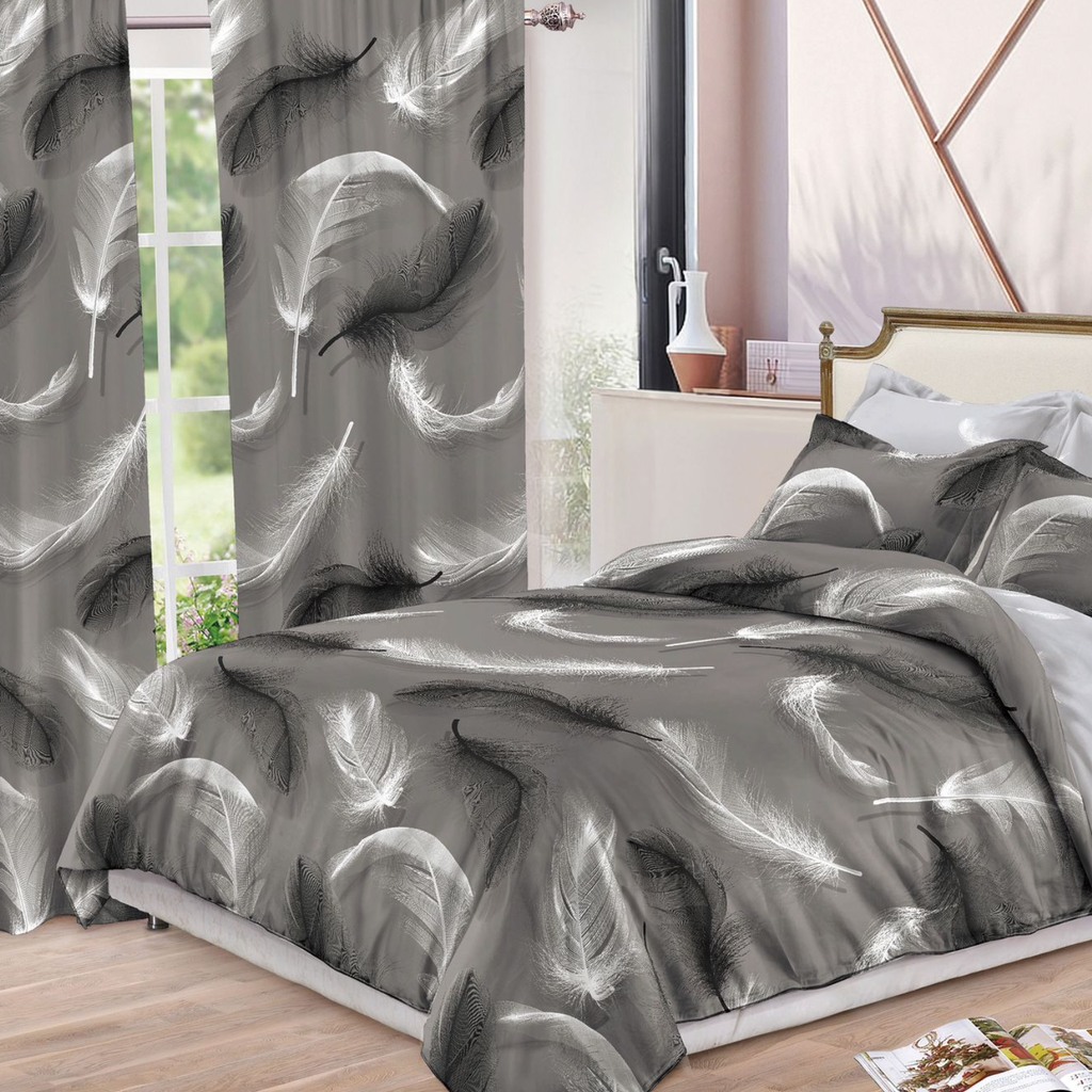 Set lenjerie de pat 2 persoane 6 piese cu Draperii 2 piese Gri cu Pene Albe si Negre