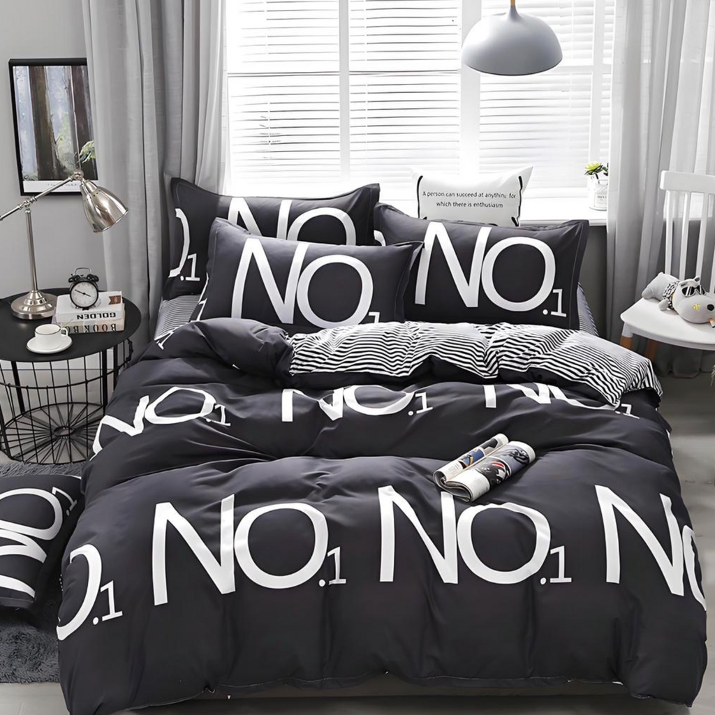 Lenjerie de pat bumbac satinat 4 piese Neagra Modern Alb