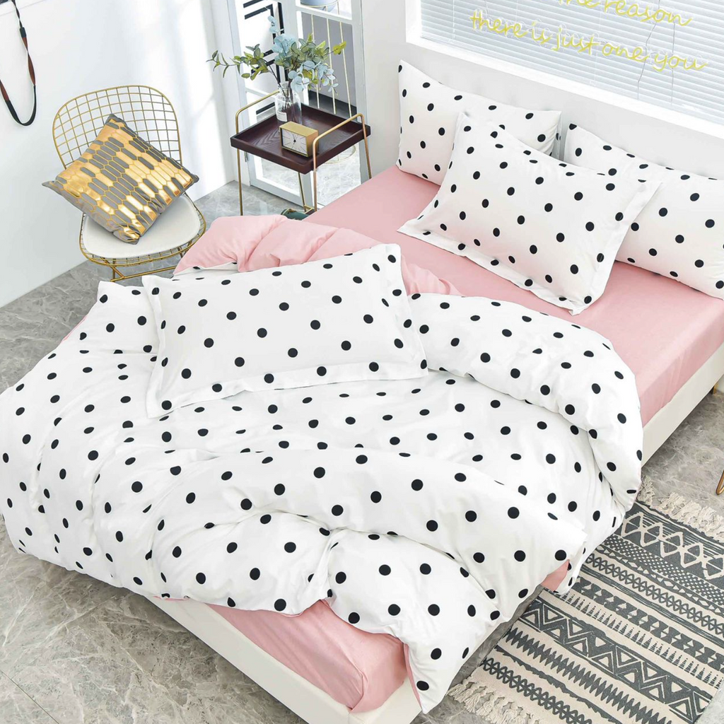 Lenjerie de pat bumbac satinat 4 piese Alba Buline Negre