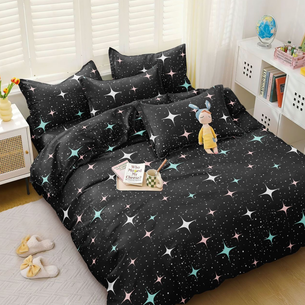 Lenjerie de pat bumbac satinat 4 piese Neagra Stele Modern