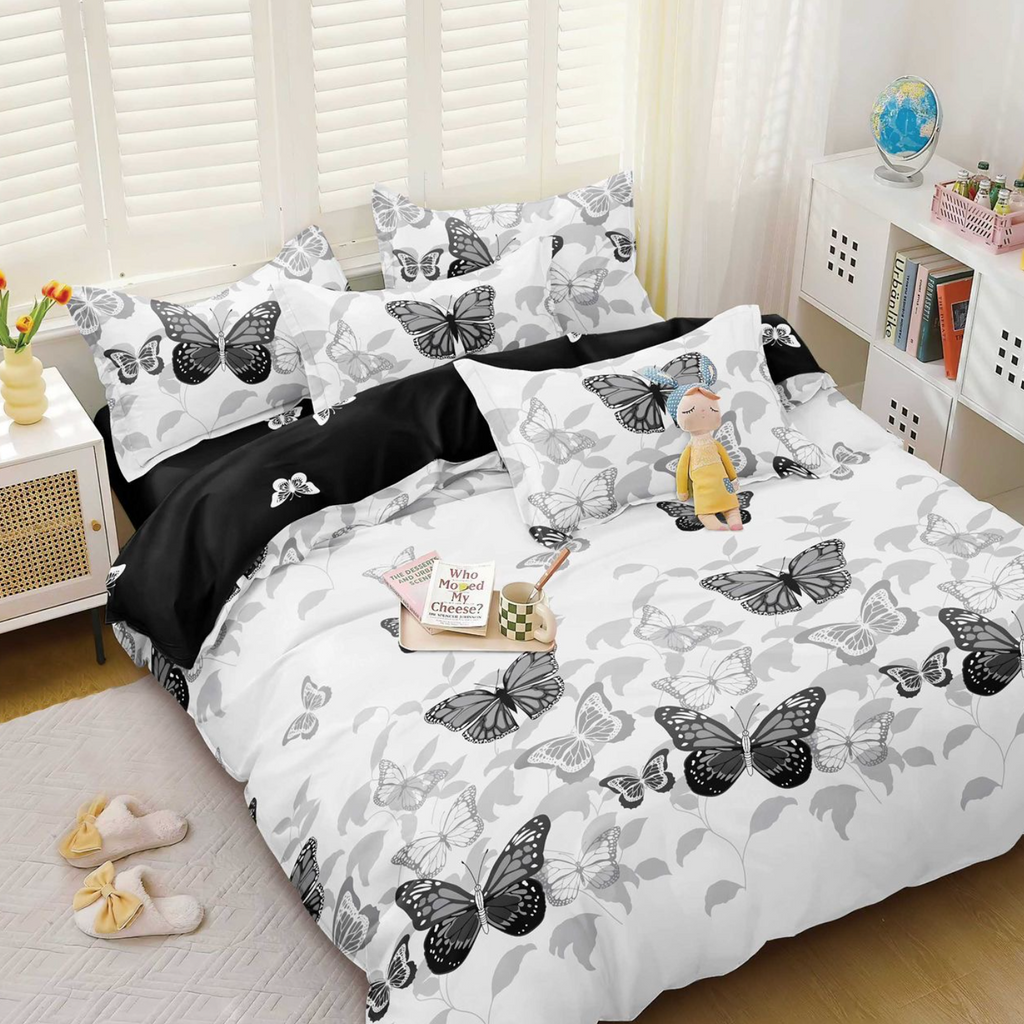 Lenjerie de pat bumbac satinat 4 piese Alba Neagra Fluturi