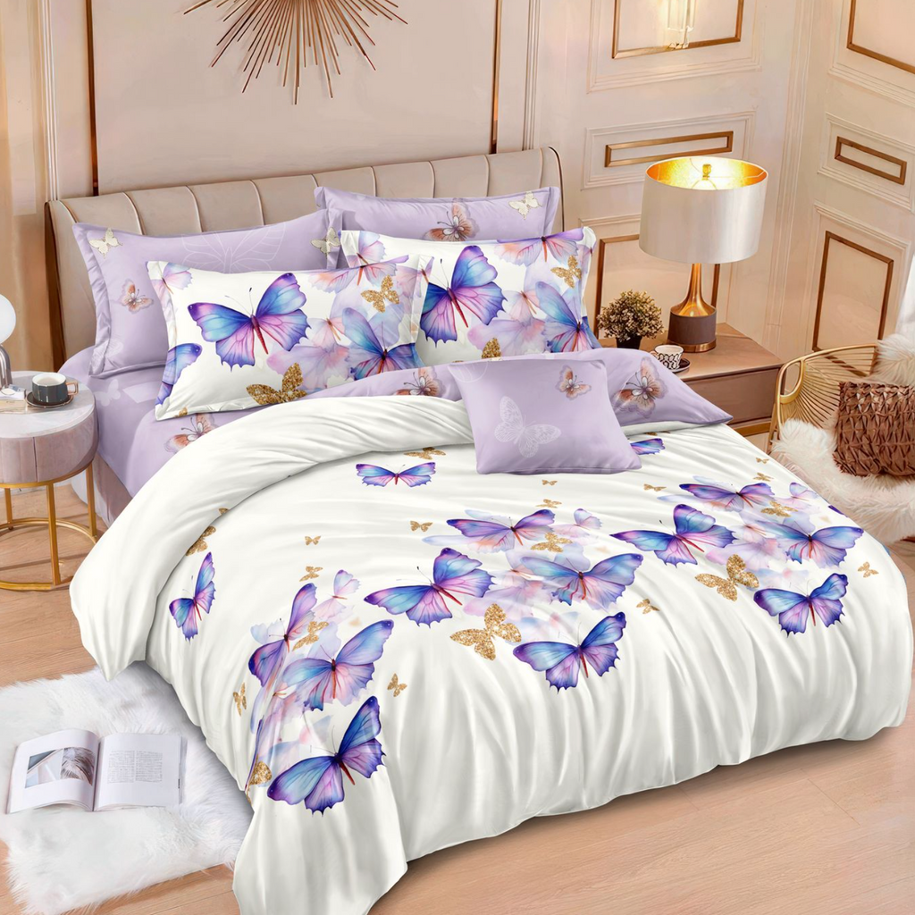Lenjerie de pat 2 Persoane bumbac finet 6 piese Alba Fluturi Mov Multicolor