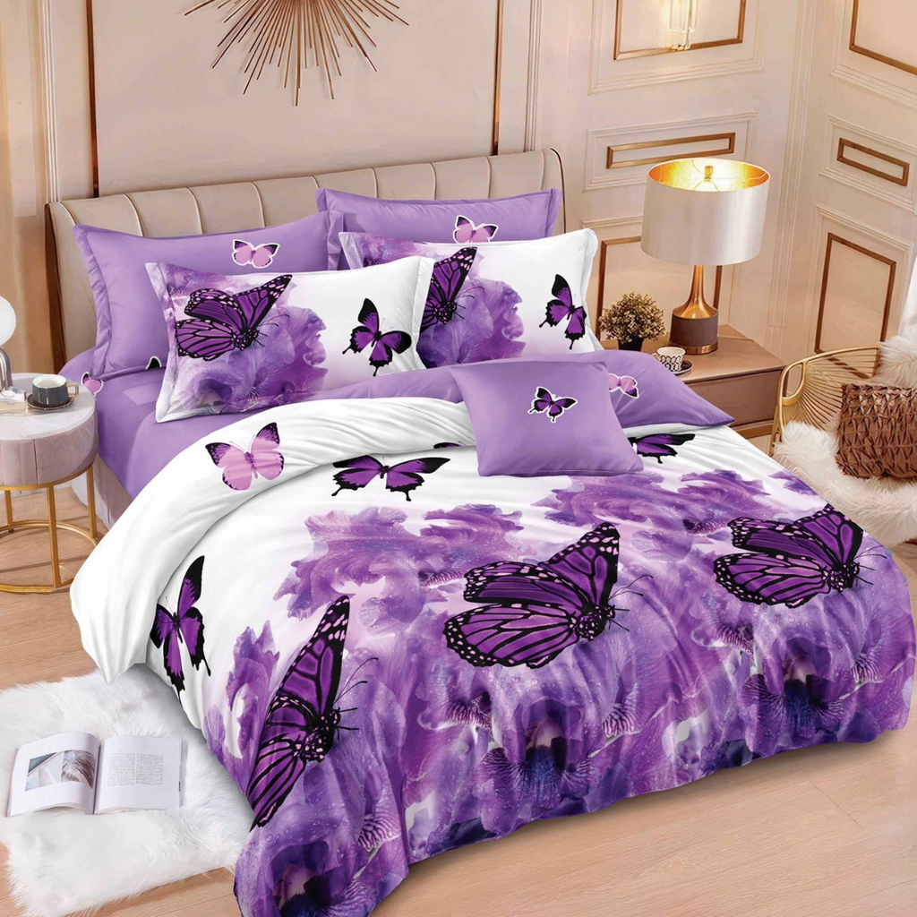 Lenjerie de pat 2 Persoane bumbac finet 6 piese Mov Violet Fluturi