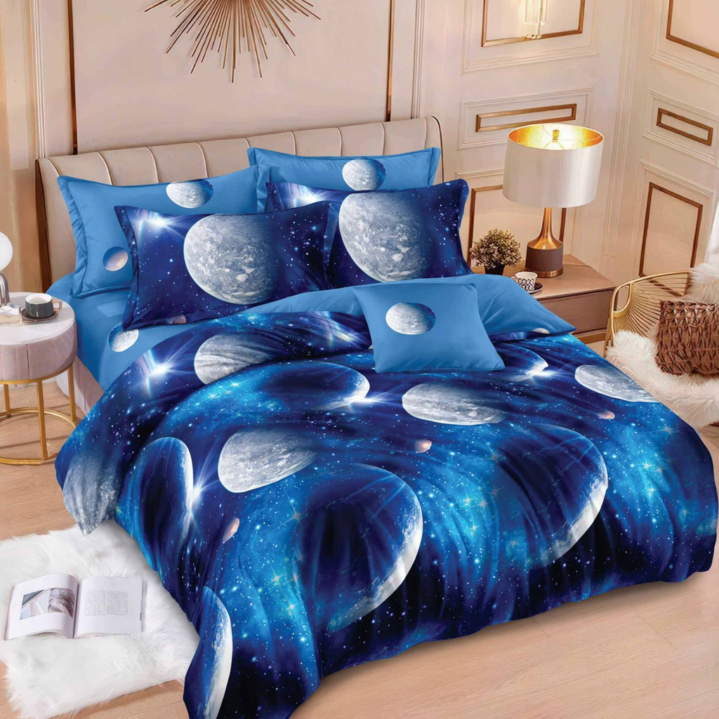 Lenjerie de pat 2 Persoane bumbac finet 6 piese Albastru Planete