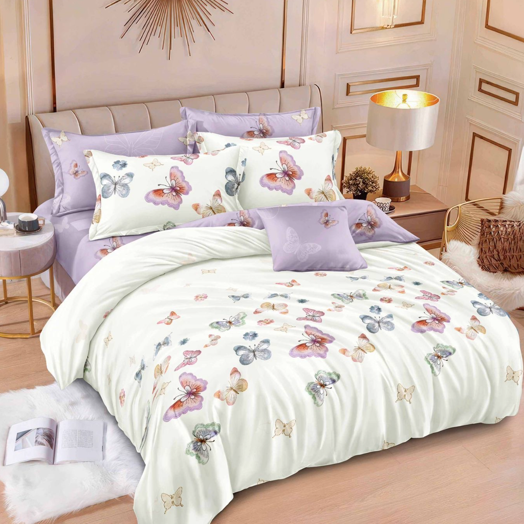 Lenjerie de pat 2 Persoane bumbac finet 6 piese Roz Fluturi