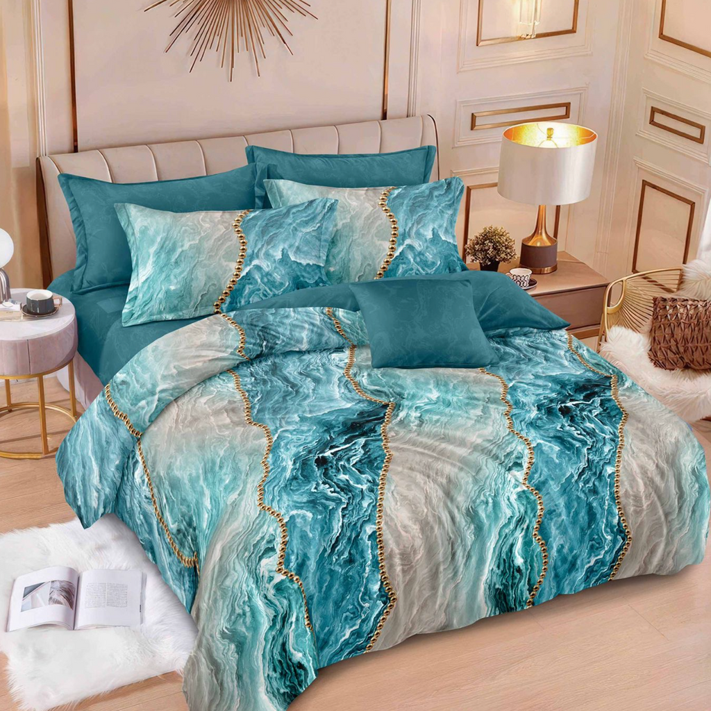 Lenjerie de pat 2 Persoane bumbac finet 6 piese Turcoaz Modern