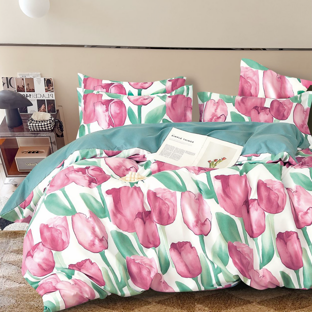 Lenjerie de pat 2 Persoane bumbac finet 6 piese Flori Roz Verde