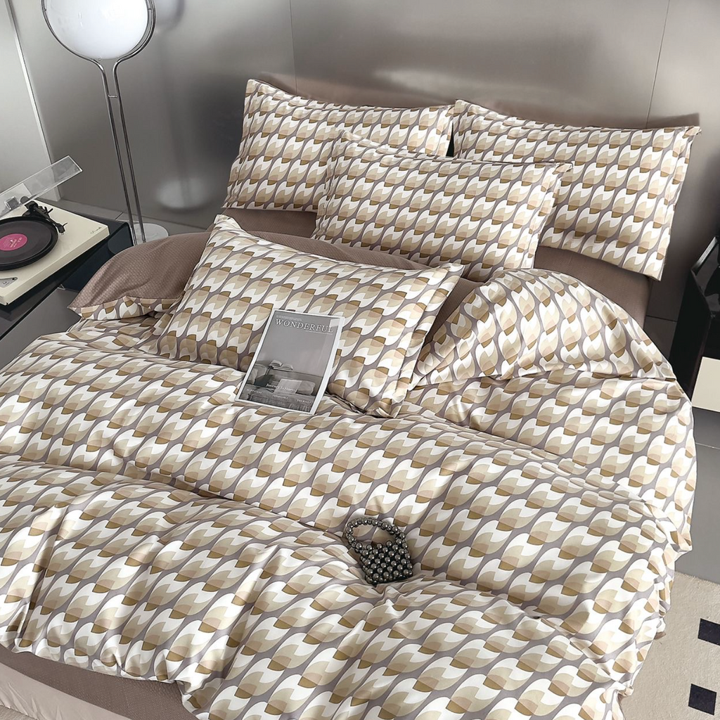 Lenjerie de pat 2 Persoane bumbac finet 6 piese Auriu Maro Modern