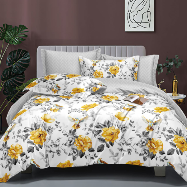 Lenjerie de pat 2 Persoane din bumbac satinat cu 4 piese Alba Multicolor Flori