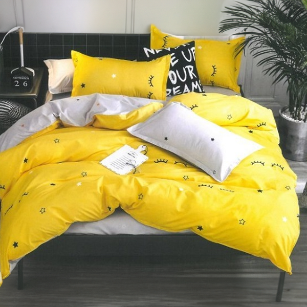 Lenjerie de pat 2 Persoane din bumbac satinat cu 4 piese Galbena Modern