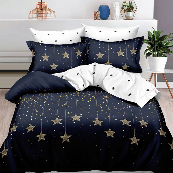 Lenjerie de pat 2 Persoane din bumbac finet cu 6 piese Navy cu Stele Aurii